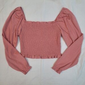 SO Dusty Rose Smocked Blouse Sz Med Square Neck Ruffles Cropped Cottagecore